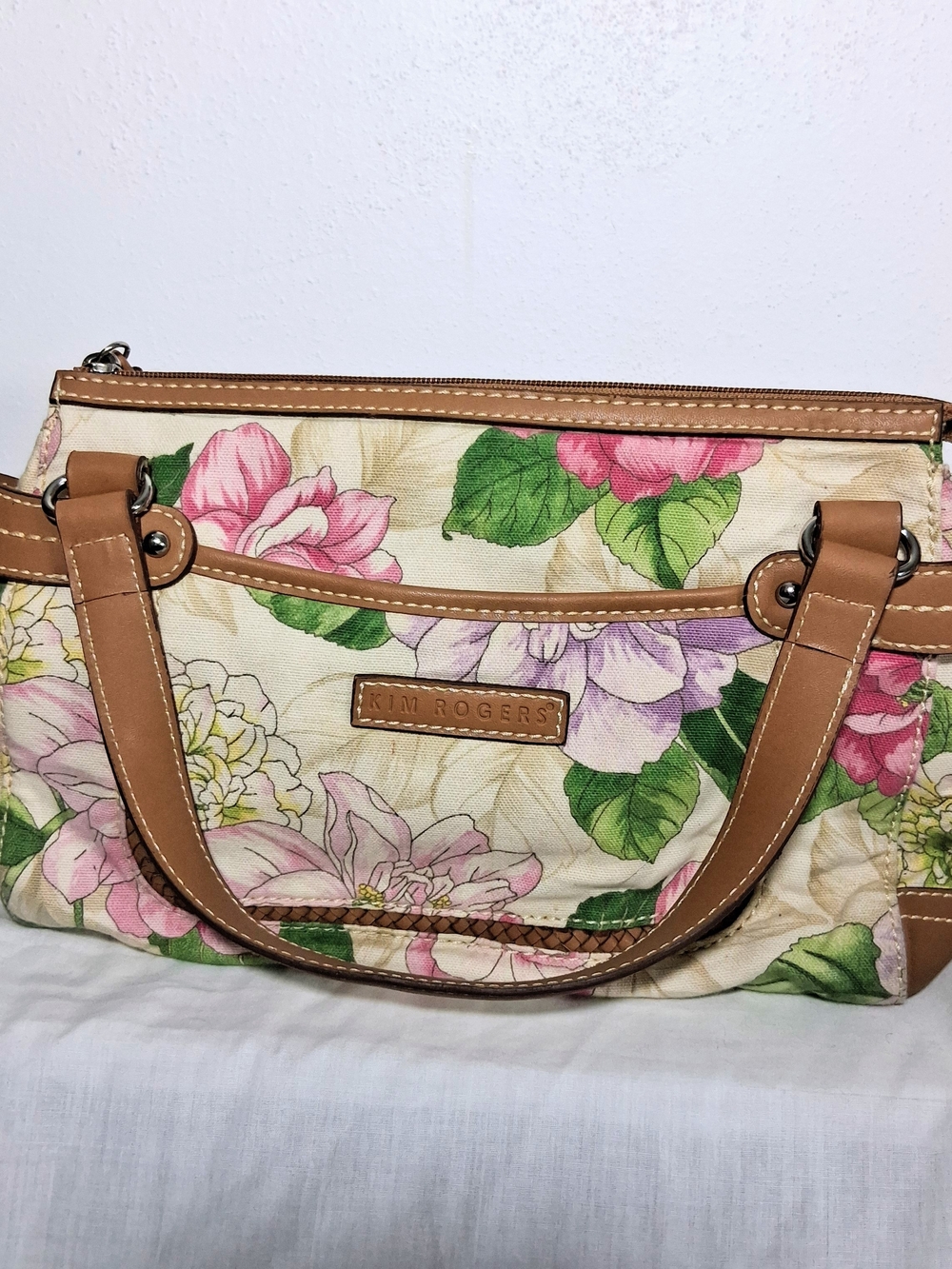 Kim Rogers Floral Canvas Tote Bag in Cream and Pink